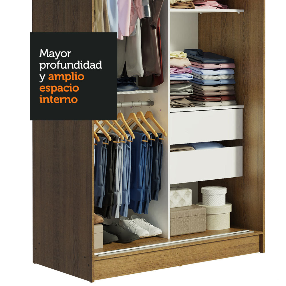 Placard Ropero Solteiro Madesa Tokio 2 Puertas Corredizas con Espejo 2 Cajones Marrón/Blanco