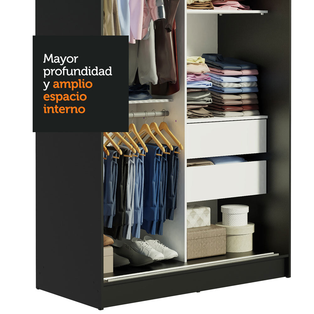 Placard Ropero Solteiro Madesa Tokio 2 Puertas Corredizas con 2 Cajones Negro/Blanco