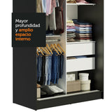 Placard Ropero Solteiro Madesa Tokio 2 Puertas Corredizas con Espejo 2 Cajones Negro/Blanco