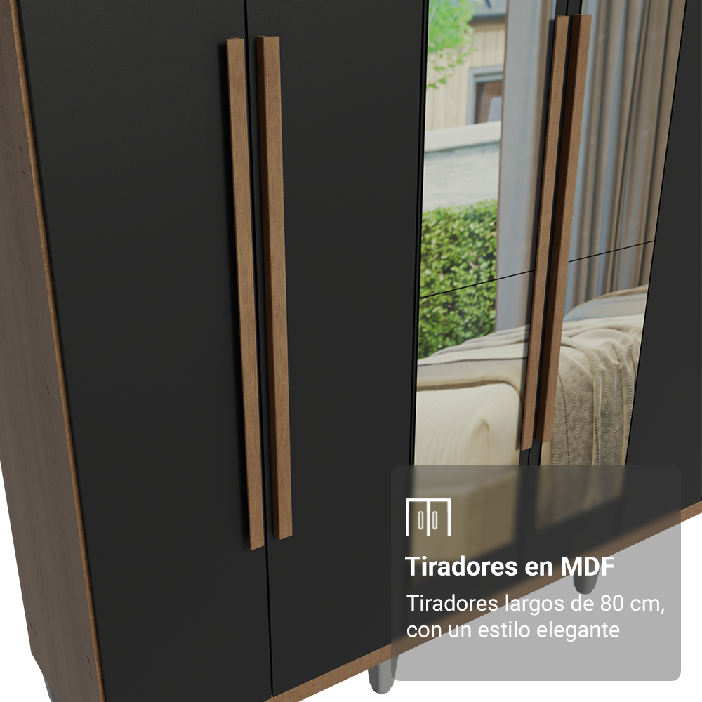 Placard Matrimonial con Patas 6 Puertas Batientes con Espejo Venus Marrón/Negro/Marrón