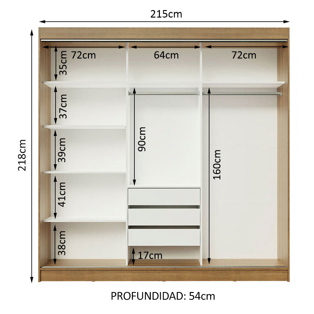 Placard Ropero Casal Madesa Istambul 3 Puertas Corredizas de Espejo 3 Cajones Marrón/Blanco