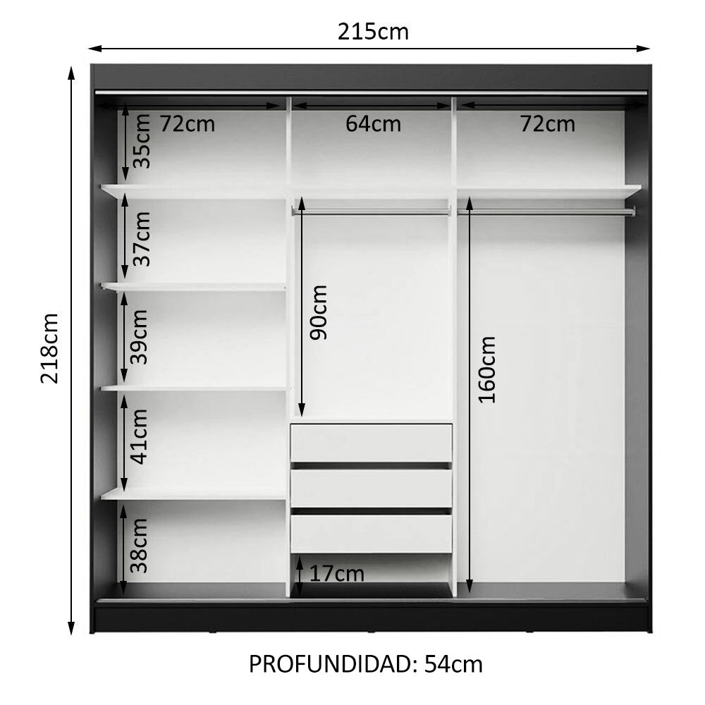 Placard Ropero Casal Madesa Istambul 3 Puertas Corredizas con Espejos 3 Cajones Negro/Marrón