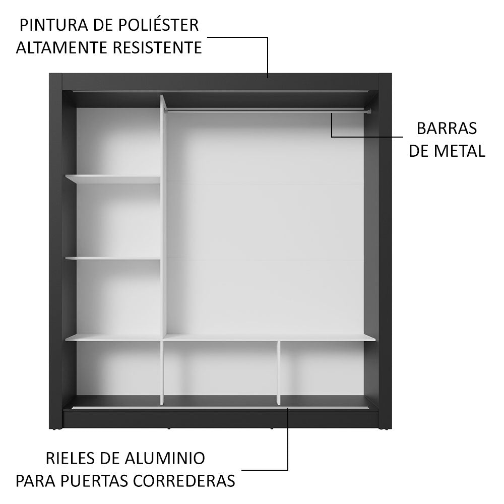 Placard Matrimonial 3 Puertas Corredizas Negro/Gris Nobre