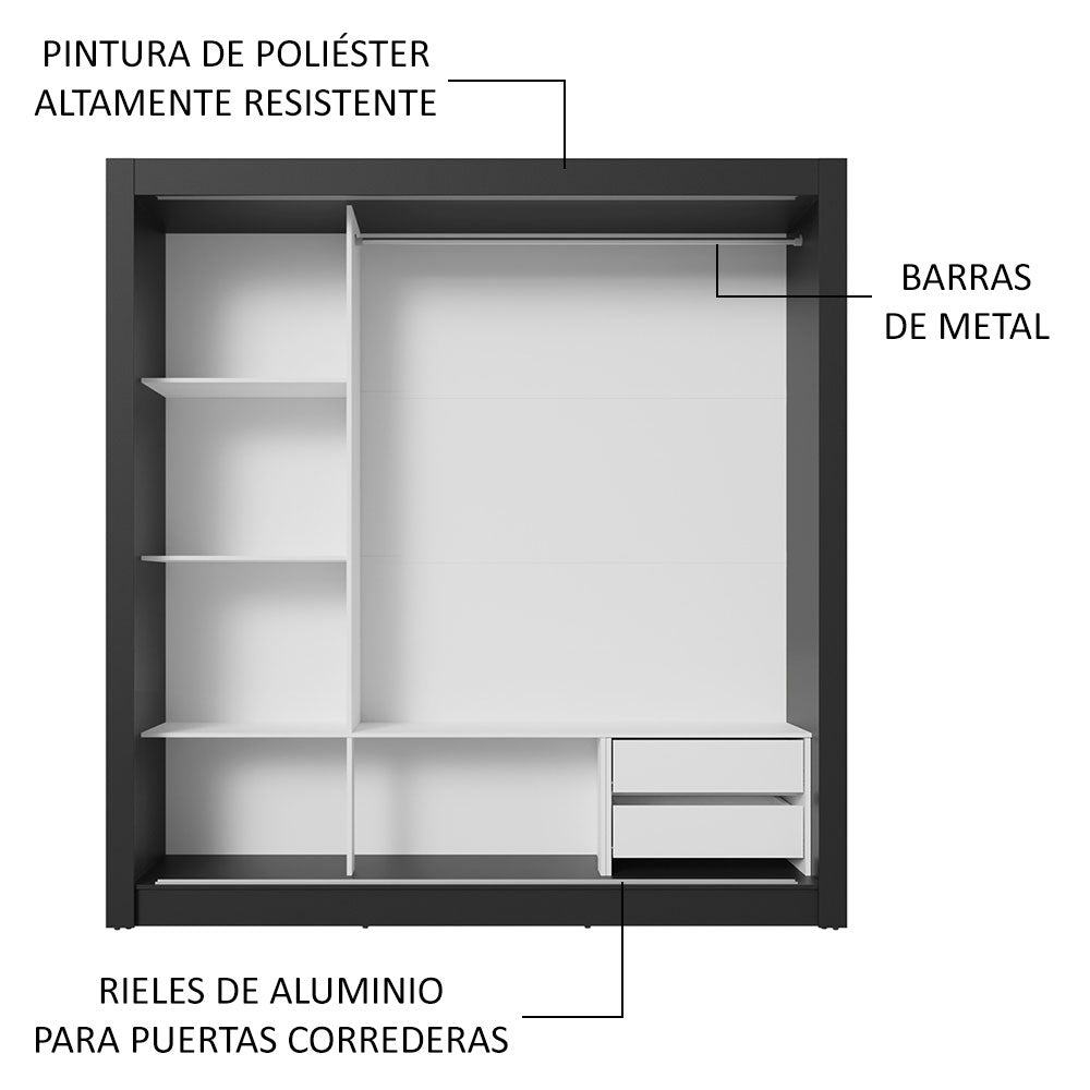 Placard Matrimonial 3 Puertas Corredizas 2 Cajones Negro/Gris Sublime