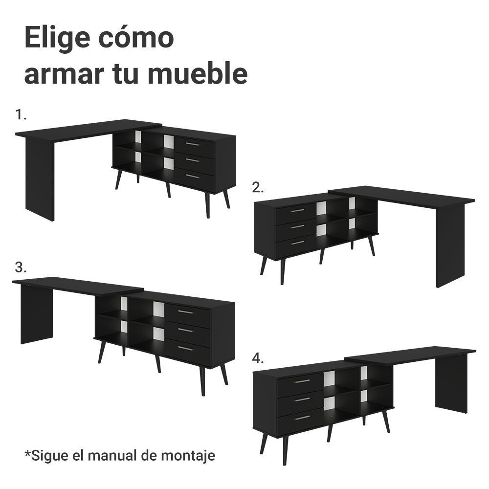 Escritorio Esquinero con 3 Cajones Lisboa Negro