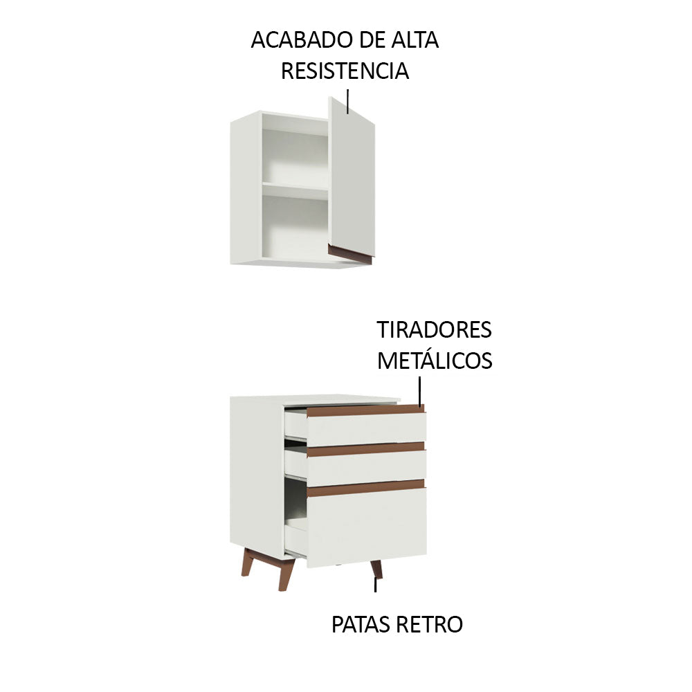 Kit Reims 60 cm con Alacena y Bajo Mesada con 3 Cajones Blanco