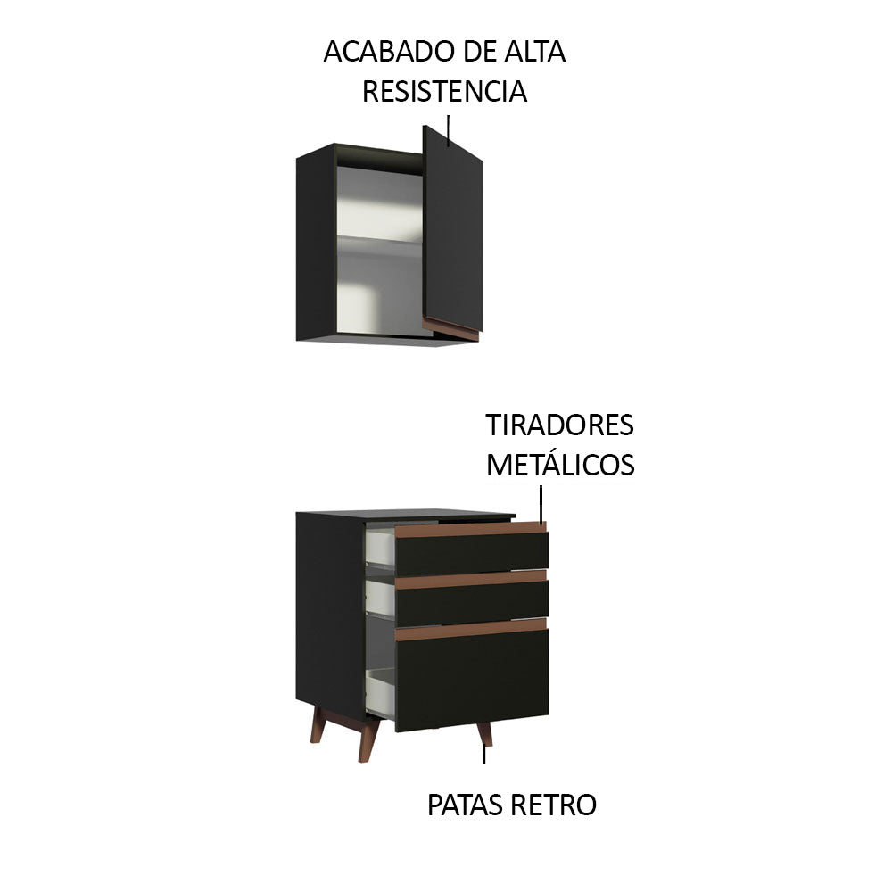 Kit Reims 60 cm con Gabinete Superior y Bajo con 3 Cajones Negro