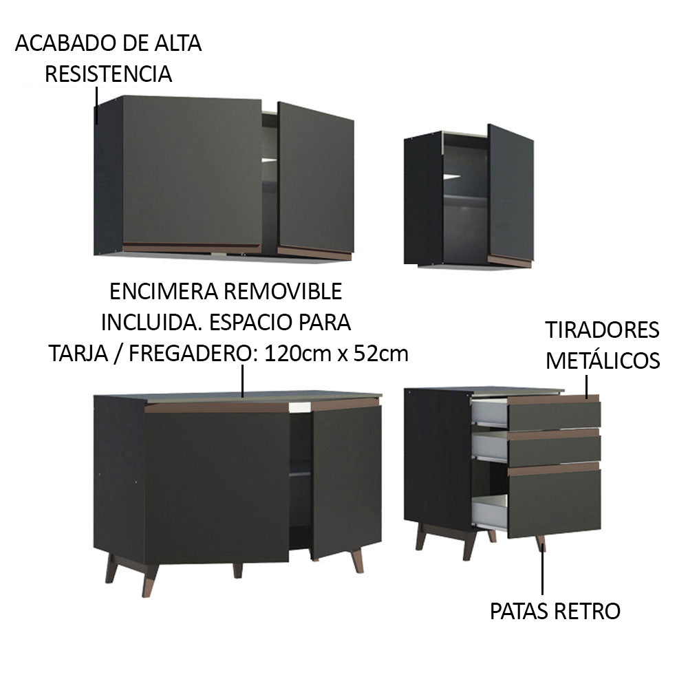 Cocina Compacta 180 cm 5 Puertas y 3 Cajones Negro Reims Madesa