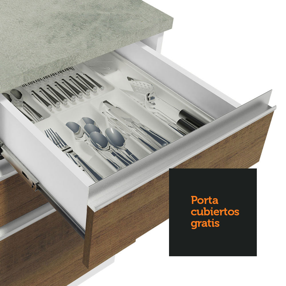 Bajo Mesada Cocina 120 cm x 60 cm, 3 Cajones 2 Puertas Glamy Blanco/Marrón