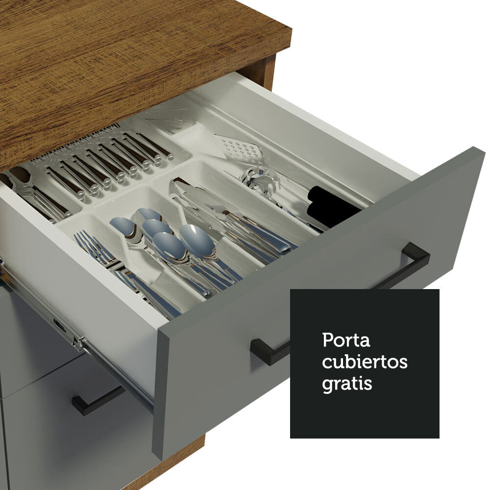 Bajo Mesada Cocina 120 cm x 60 cm, 3 Cajones 2 Puertas Agata Marrón/Gris