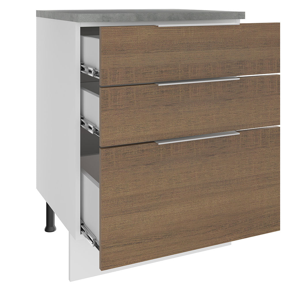 Bajo Mesada Cocina 60 x 60 cm 3 Cajones (Con Mesada) Blanco/Marrón Stella Madesa