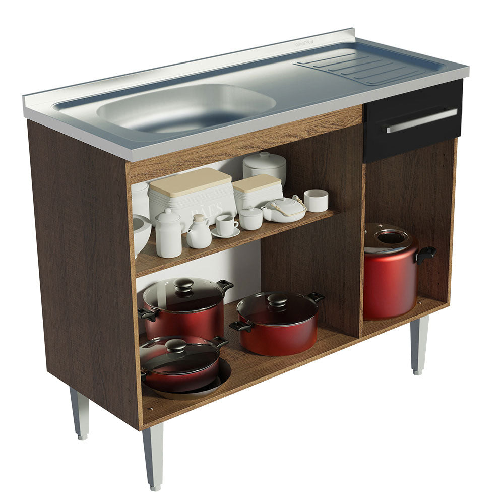 Bajo Mesada con Bacha 105 cm 3 Puertas y 1 Cajón Emilly Marrón/Negro