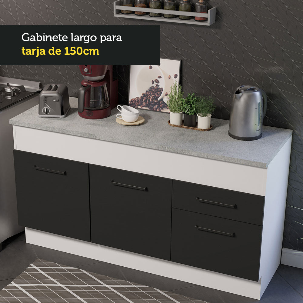 Bajo Mesada Cocina 150 cm 2 Puertas e 2 Cajones (Con Mesada) Blanco/Negro Agata Madesa