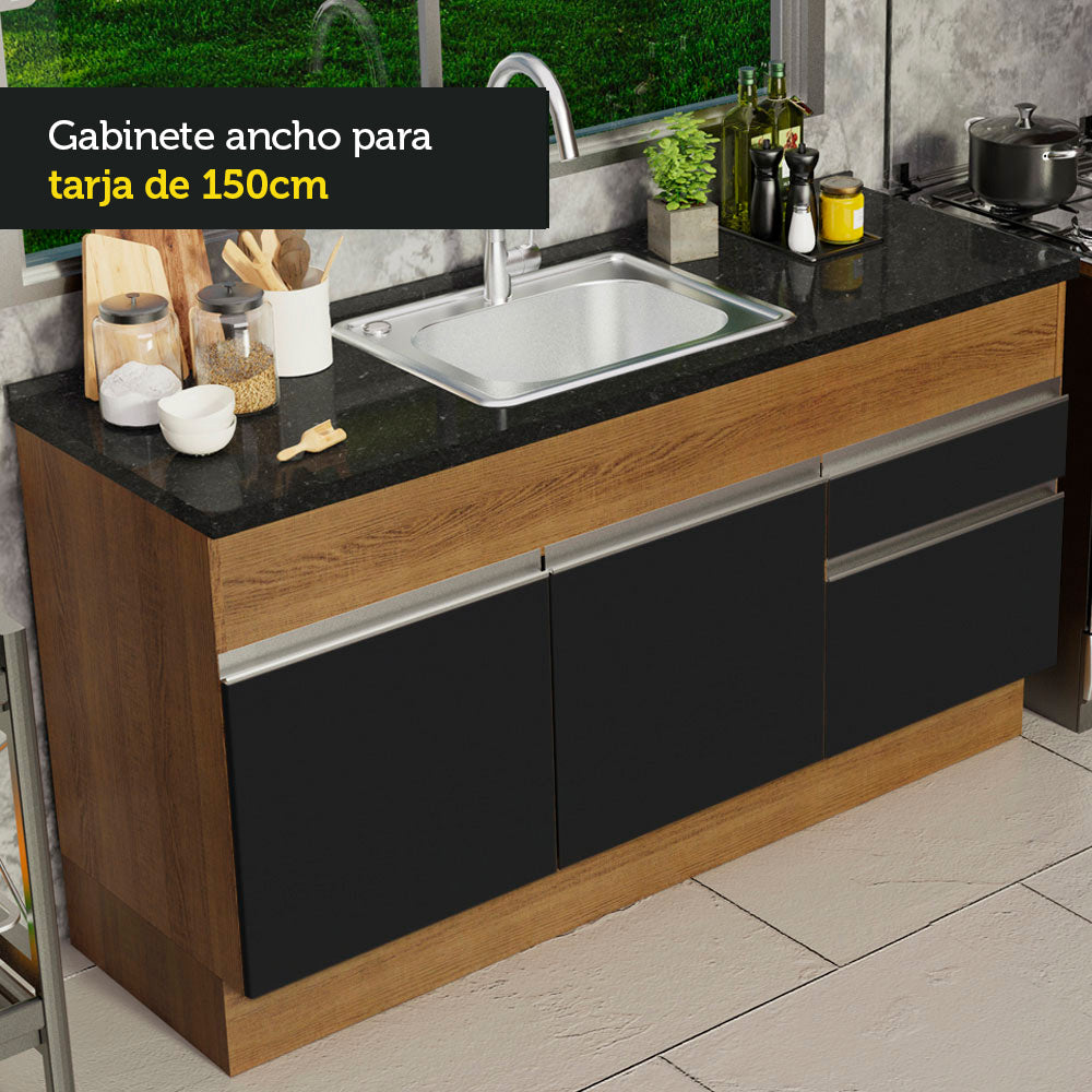 Bajo Mesada Cocina Madesa Glamy 150cm 2 Puertas sin Bacha Marrón/Negro