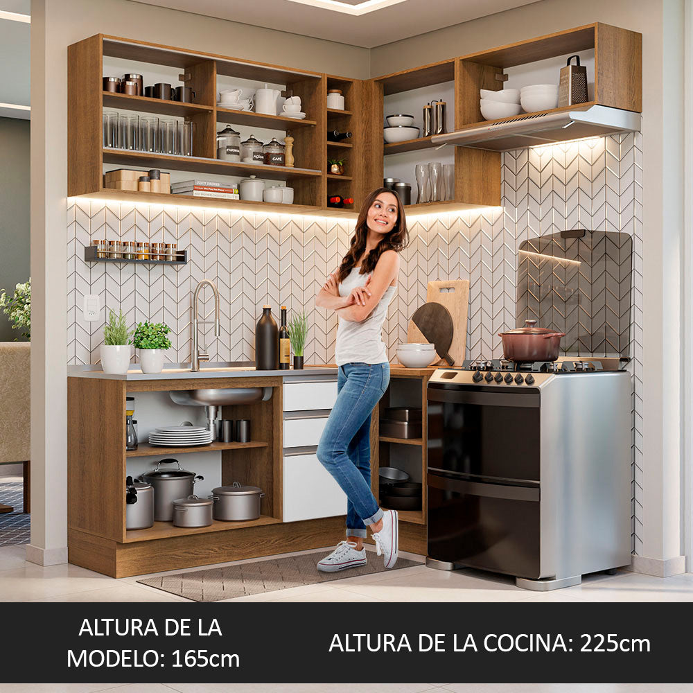 Combo completo de Cocina Esquinera 349 cm 7 Puertas 3 Cajones Sin Mesada Marrón/Blanco Glamy Madesa 06