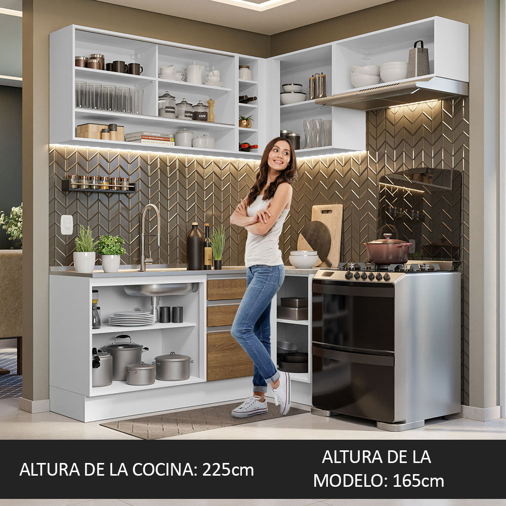 Combo completo de Cocina Esquinera 349 cm 7 Puertas 3 Cajones Sin Mesada Blanco/Marrón Glamy Madesa