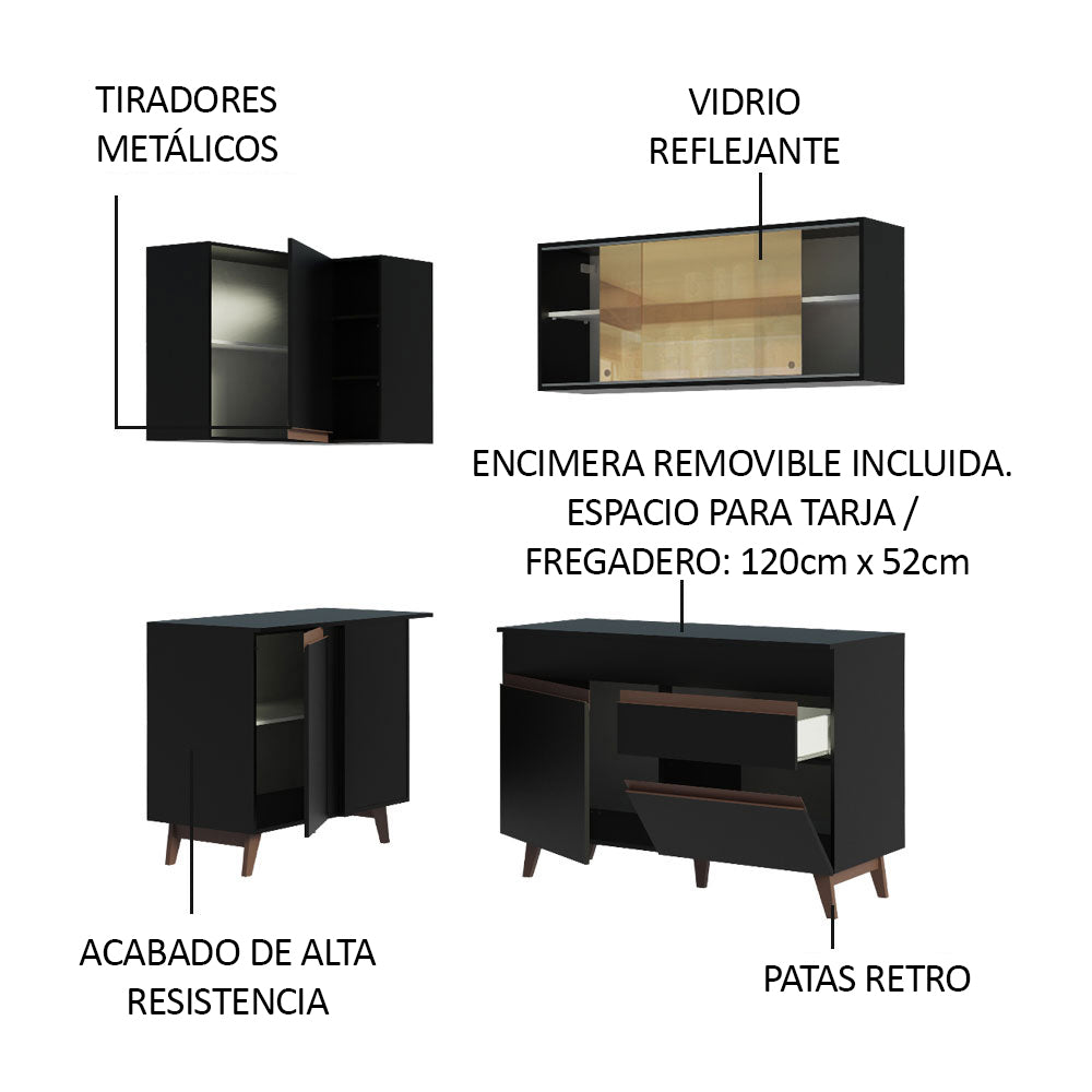 Combo completo de Cocina Esquinera 262 cm 6 Puertas 1 Cajón Negro Reims Madesa