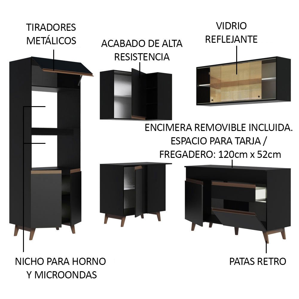 Combo completo de Cocina Esquinera 332 cm 9 Puertas 1 Cajón Negro Reims Madesa