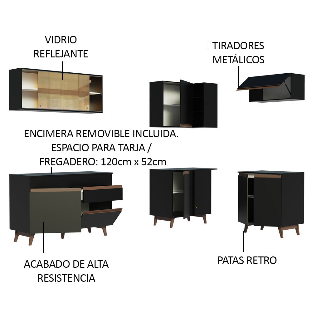Combo completo de Cocina Esquinera 332 cm 9 Puertas 1 Cajón Negro Reims Madesa
