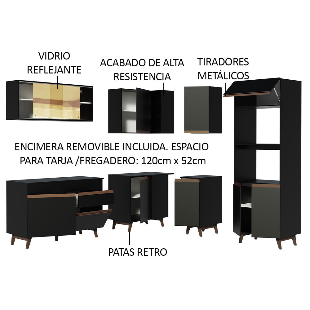 Combo completo de Cocina Esquinera 367 cm 11 Puertas 1 Cajón Negro Reims Madesa