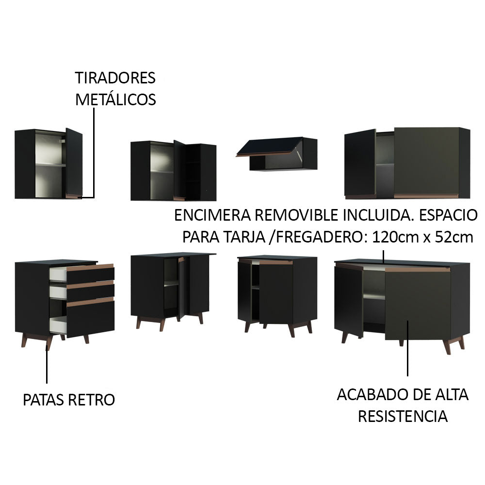 Combo completo de Cocina Esquinera 392 cm 10 Puertas 3 Cajones Negro Reims Madesa