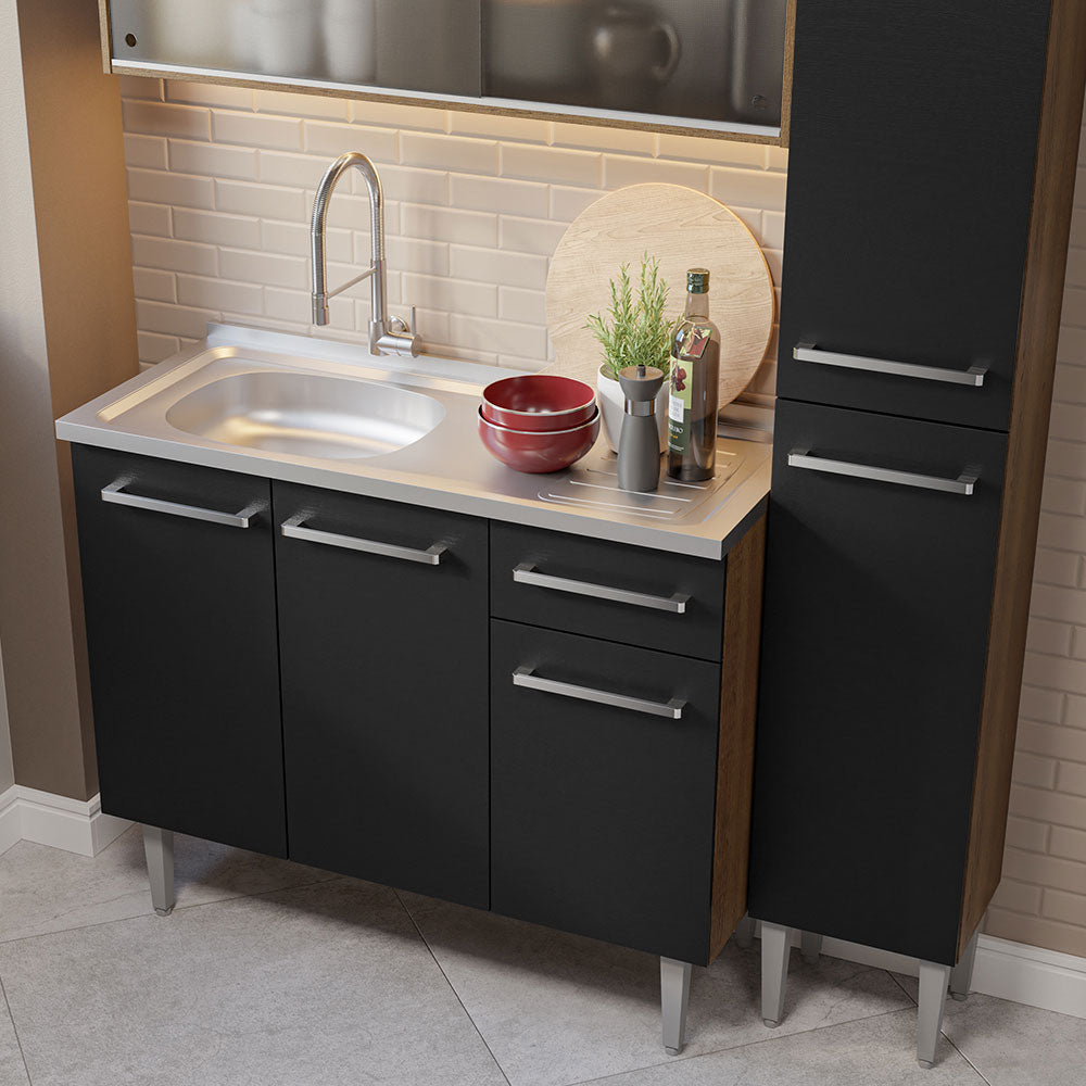 Cocina Compacta 137 cm 7 Puertas 1 Cajón con Bacha de Acero Inoxidable Marrón/Negro Emilly Madesa