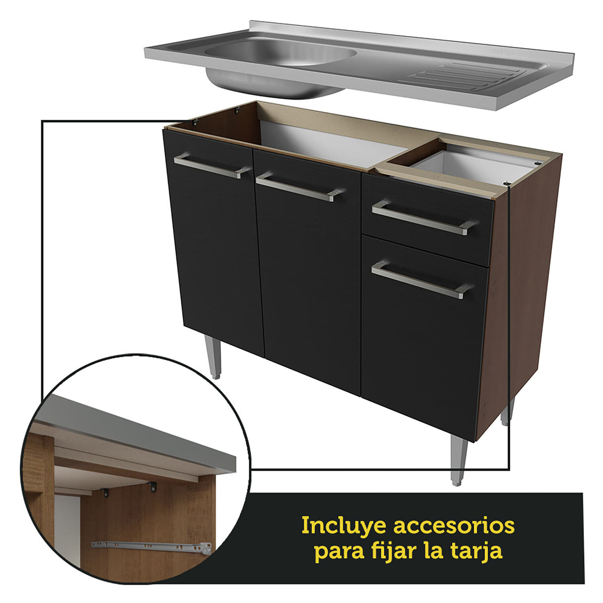 Combo completo de Cocina 137 cm con Bacha de acero, Marrón/Negro, Emilly 10