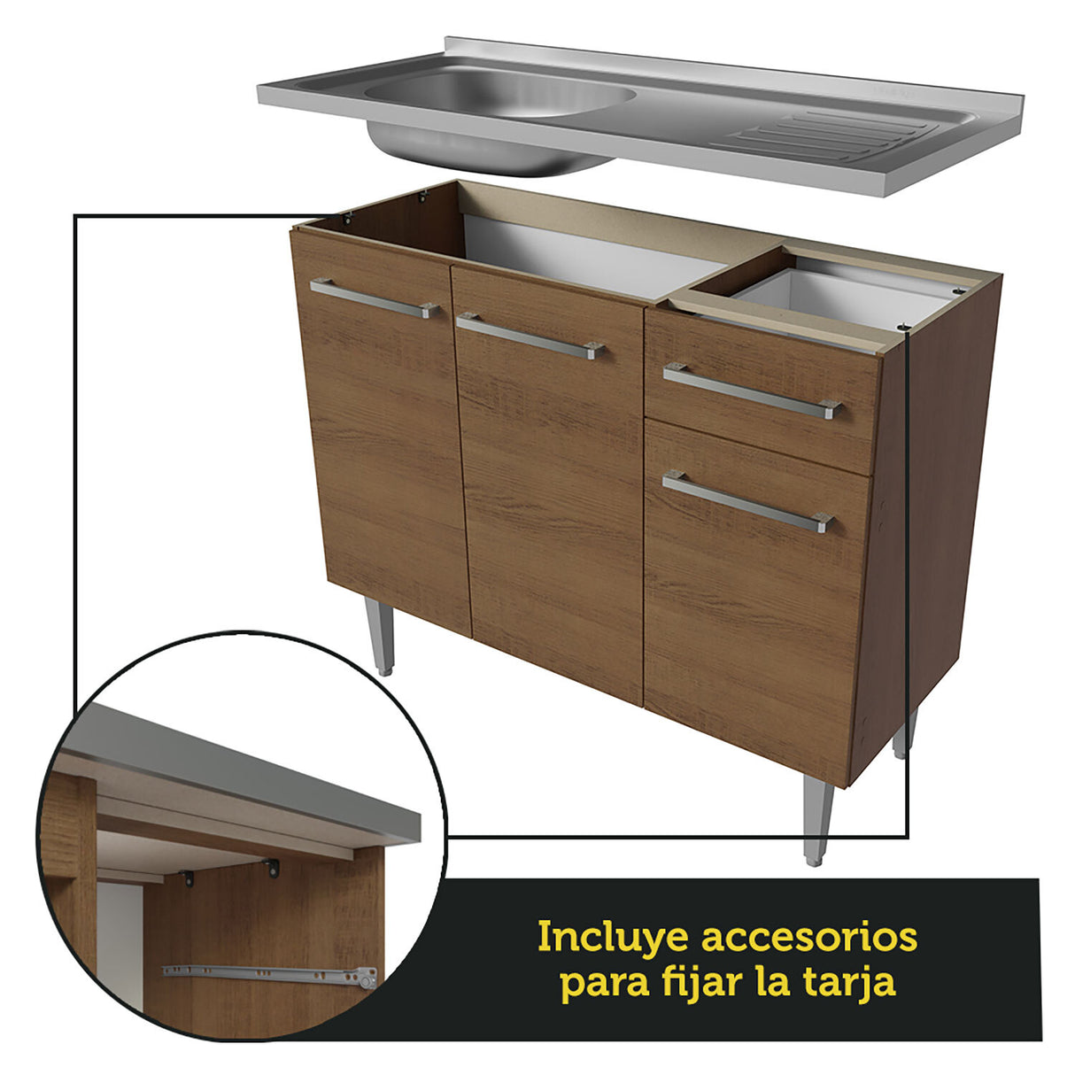 Combo completo de Cocina 293cm con Bacha de acero, Marrón Emilly 09