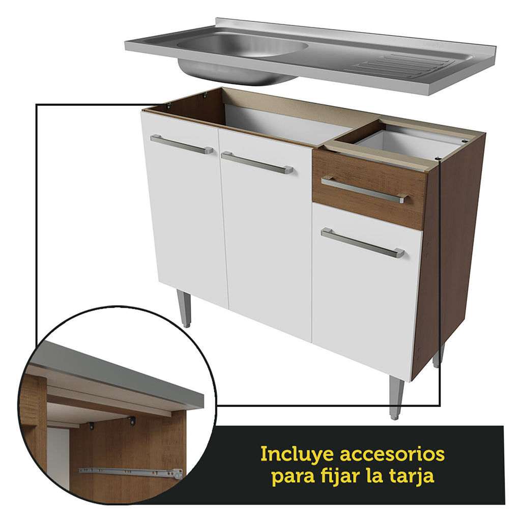 Combo completo de Cocina 293 cm 13 Puertas 1 Cajón con Bacha de Acero Inoxidable Marrón/Blanco Emilly Madesa