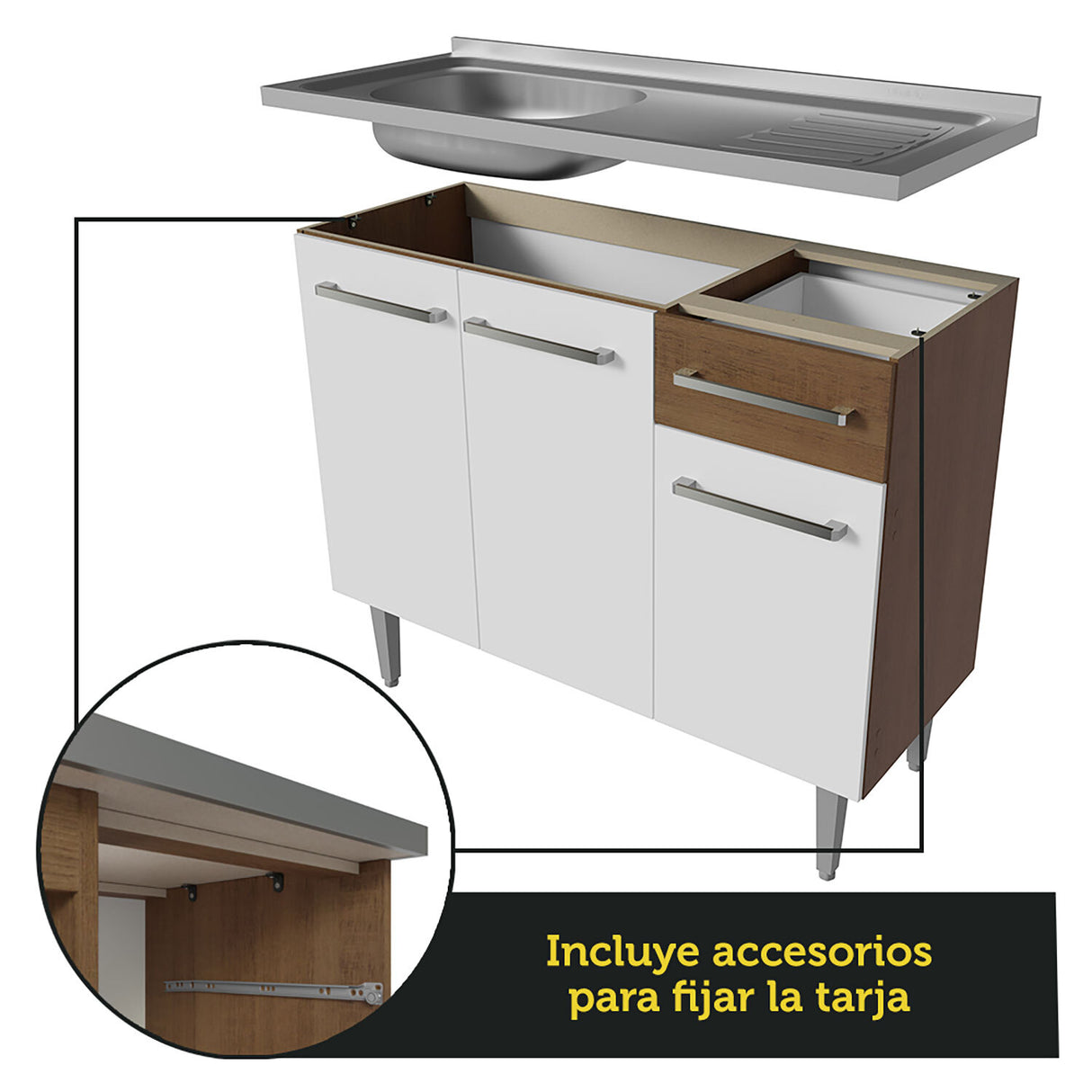 Combo completo de Cocina 293 cm con Bacha de acero, Marrón/Blanco, Emilly 09