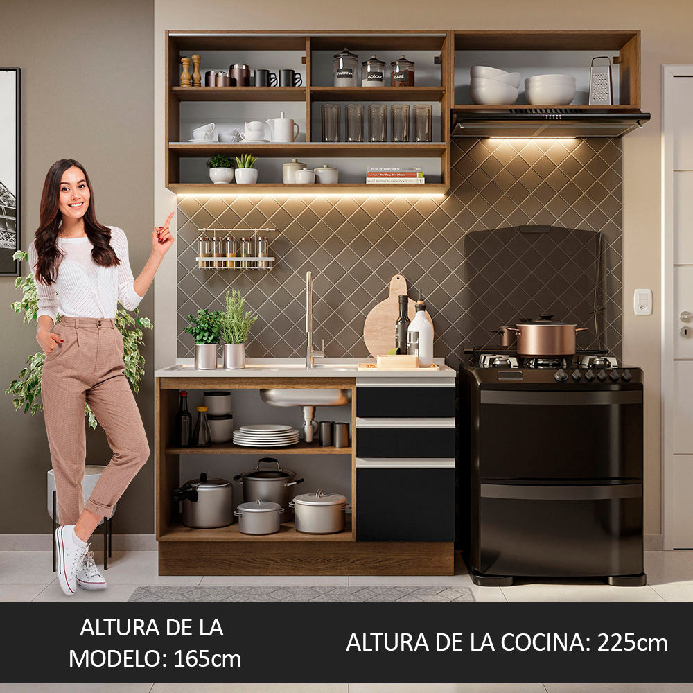 Cocina Compacta 200 cm 5 Puertas 3 Cajones Sin Mesada Marrón/Negro Glamy Madesa
