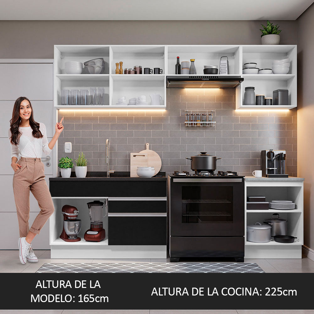 Combo completo de Cocina 260 cm 6 Puertas 2 Cajones Sin Mesada Blanco/Negro Glamy Madesa