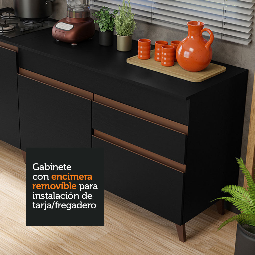 Kit de 2 Bajo Mesada de Cocina 4 Puertas 1 Cajón (Con Tapa) Reims Negro