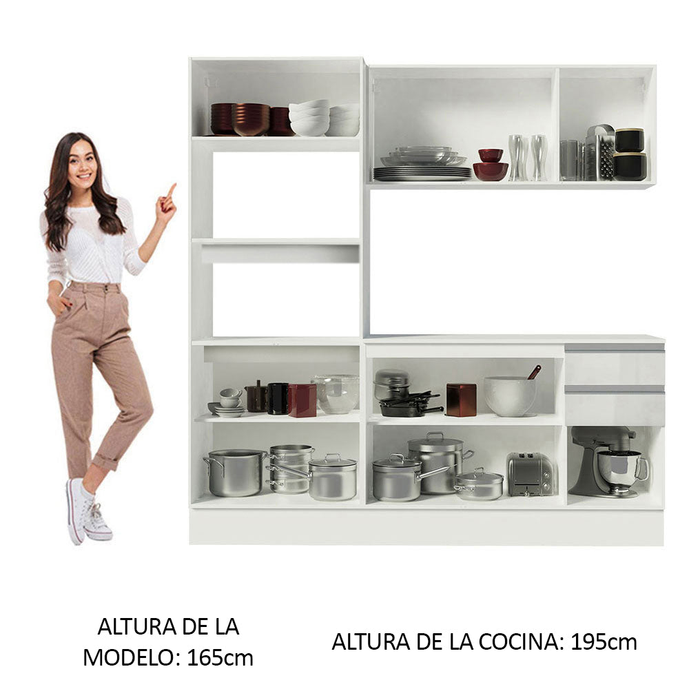 Cocina Compacta Smart 100% MDF Puertas Brillante XP 190 cm 9 Puertas 2 Cajones (Con Mesada) Blanco Madesa