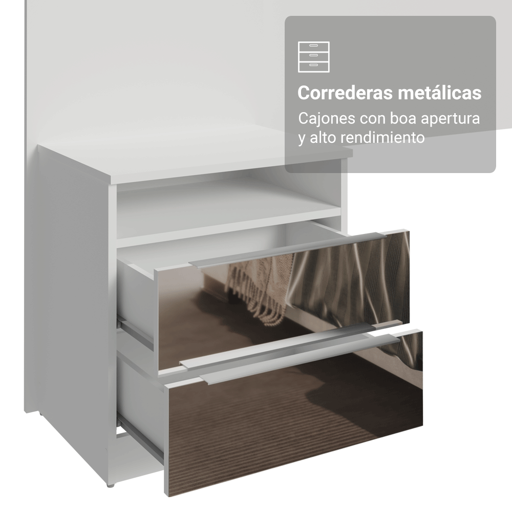 Respaldo de Cama Extensible Tapizado con 2 Mesas de Luz Espejadas Blanco/Silver Madesa