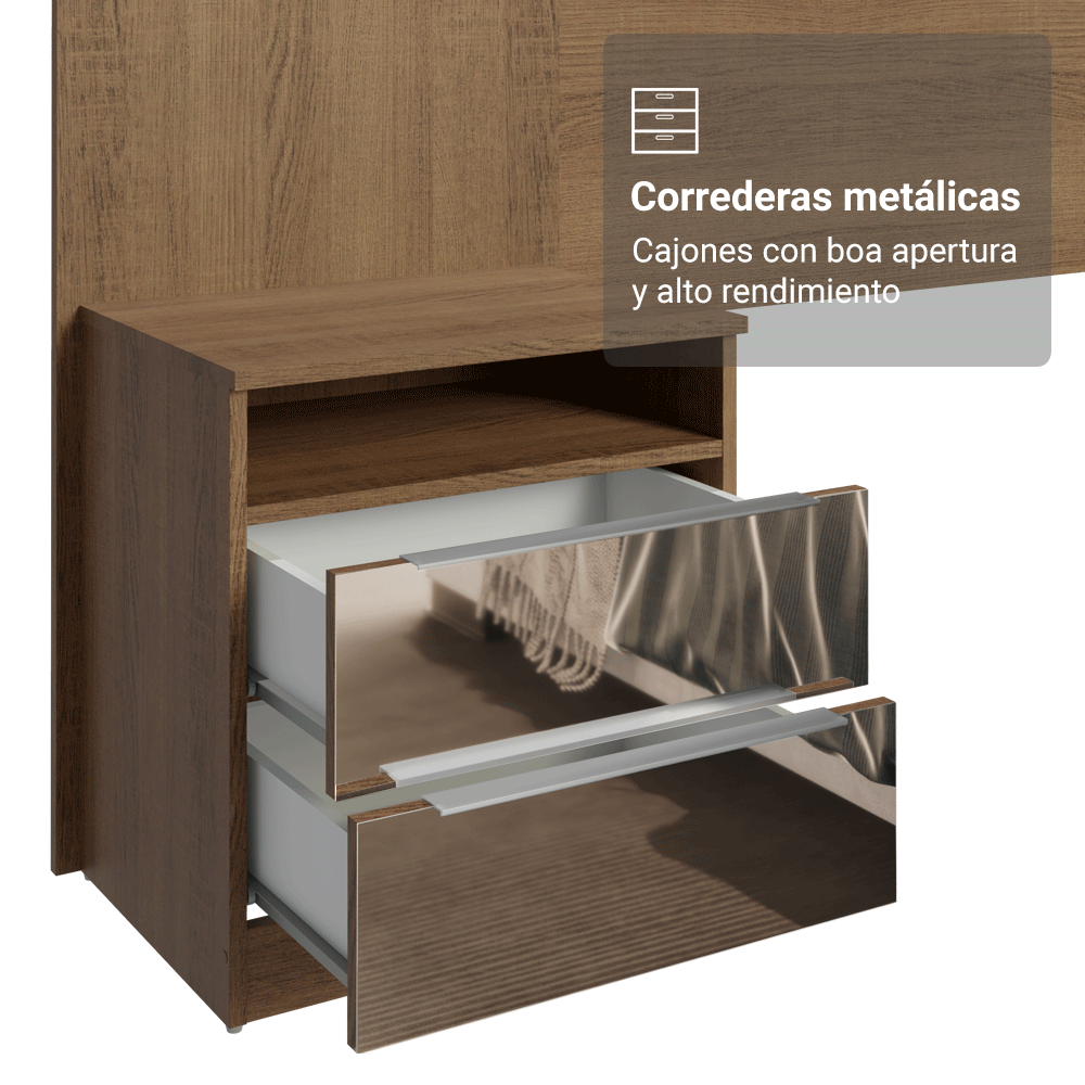 Respaldo de Cama Extensible Tapizado con 2 Mesas de Luz Espejadas Marrón/Silver Madesa
