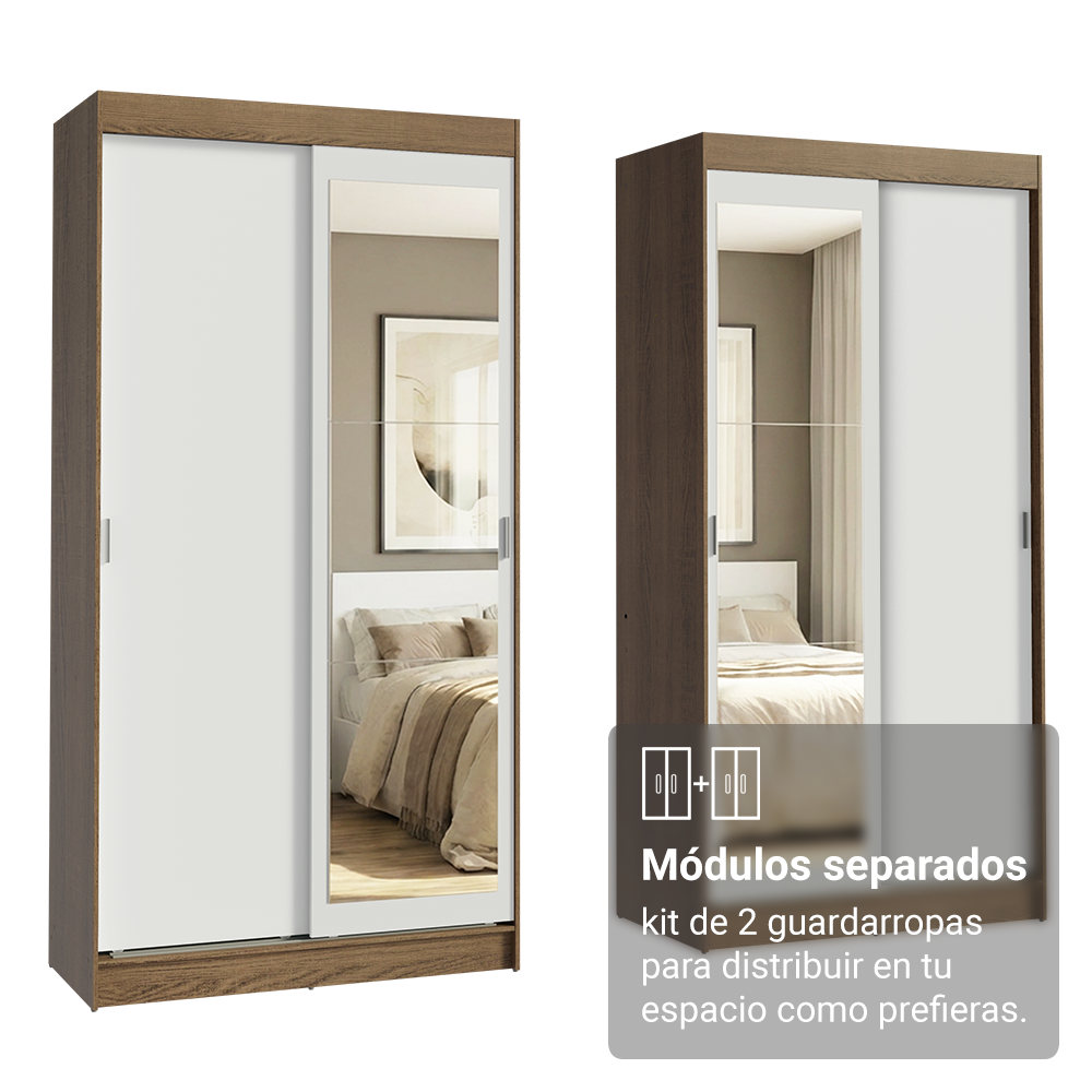 Conjunto 2 Placares 4 Puertas Corredizas con 2 Espejos Marrón/Blanco Tokio Madesa