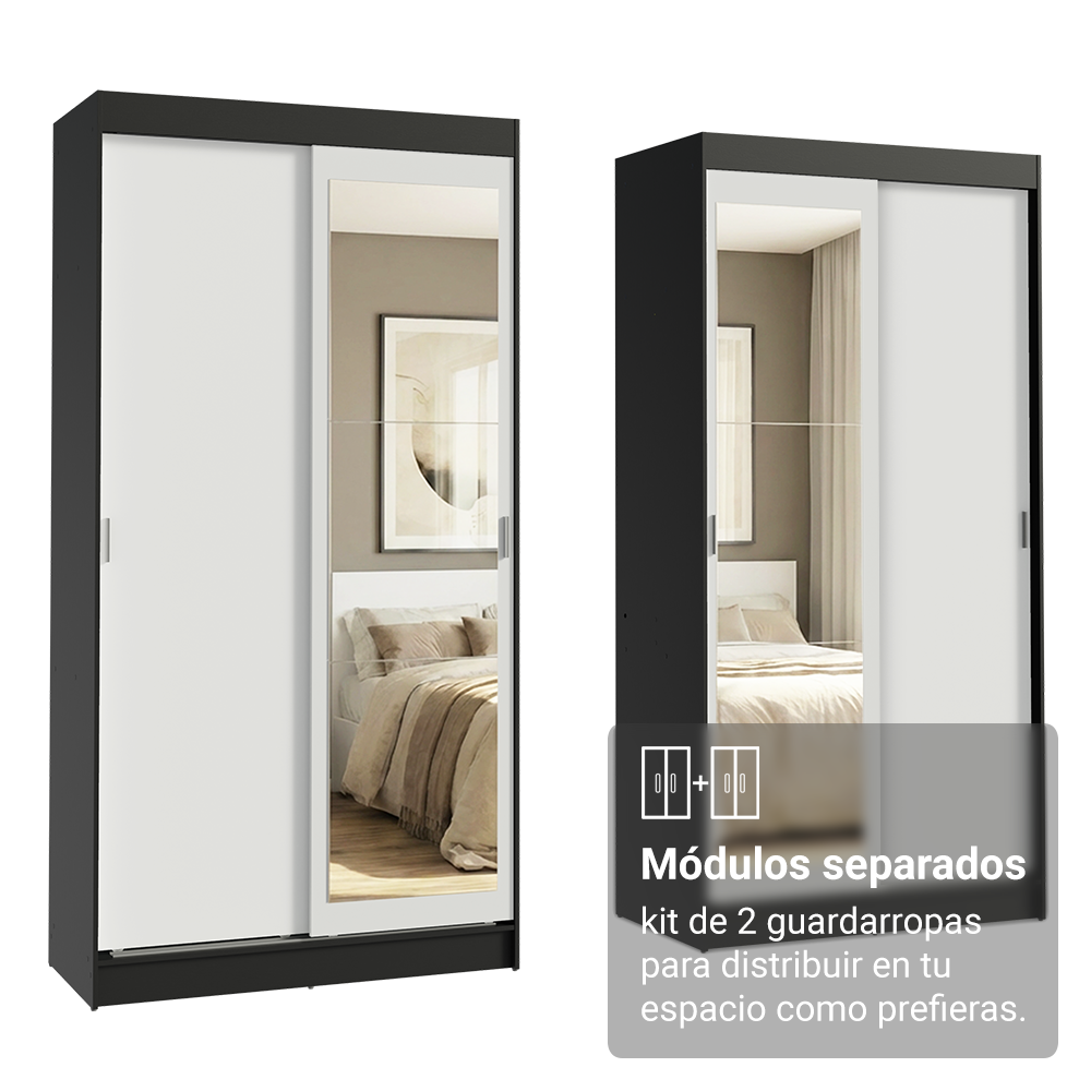 Conjunto 2 Placares 4 Puertas Corredizas con 2 Espejos Negro/Blanco Tokio Madesa