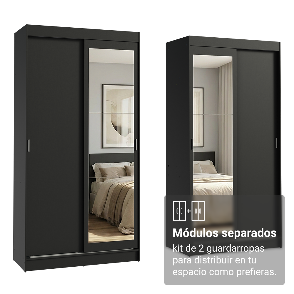 Conjunto 2 Placares 4 Puertas Corredizas con 2 Espejos Negro Tokio Madesa