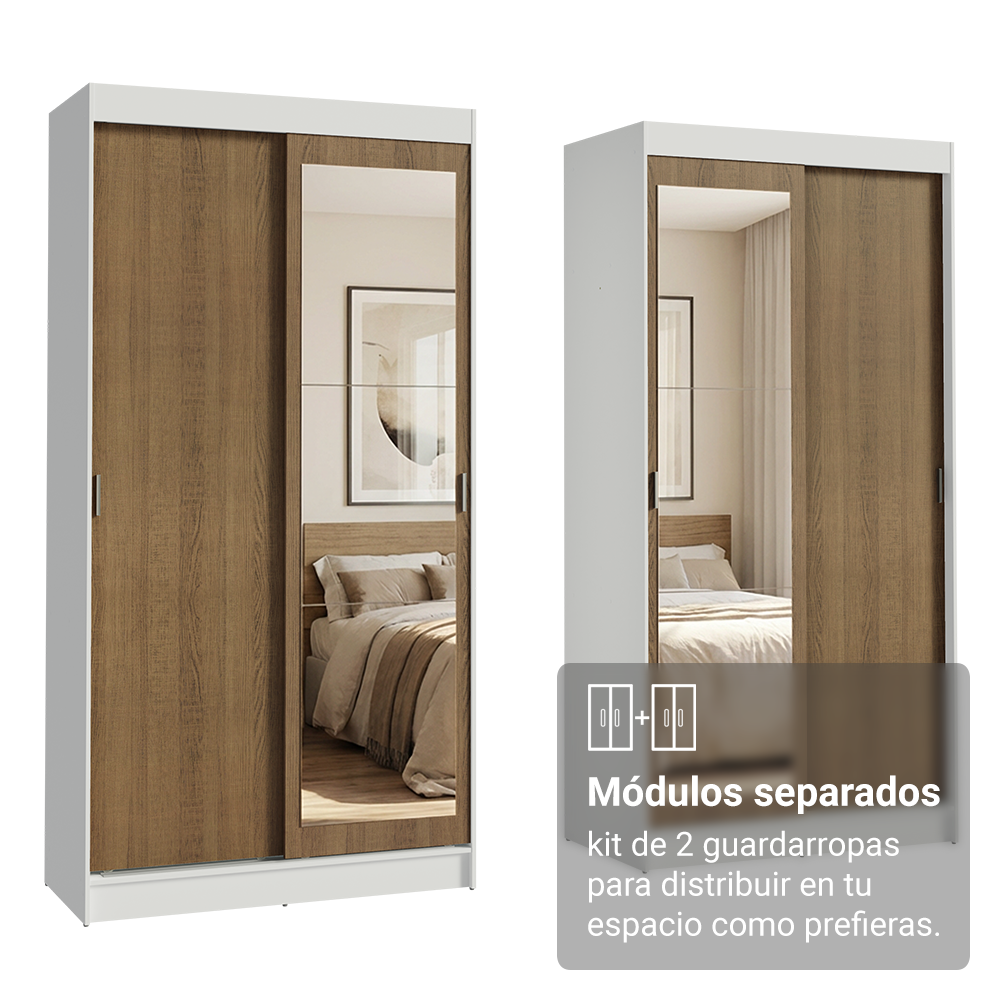 Conjunto 2 Placares 4 Puertas Corredizas con 2 Espejos Blanco/Marrón Tokio Madesa