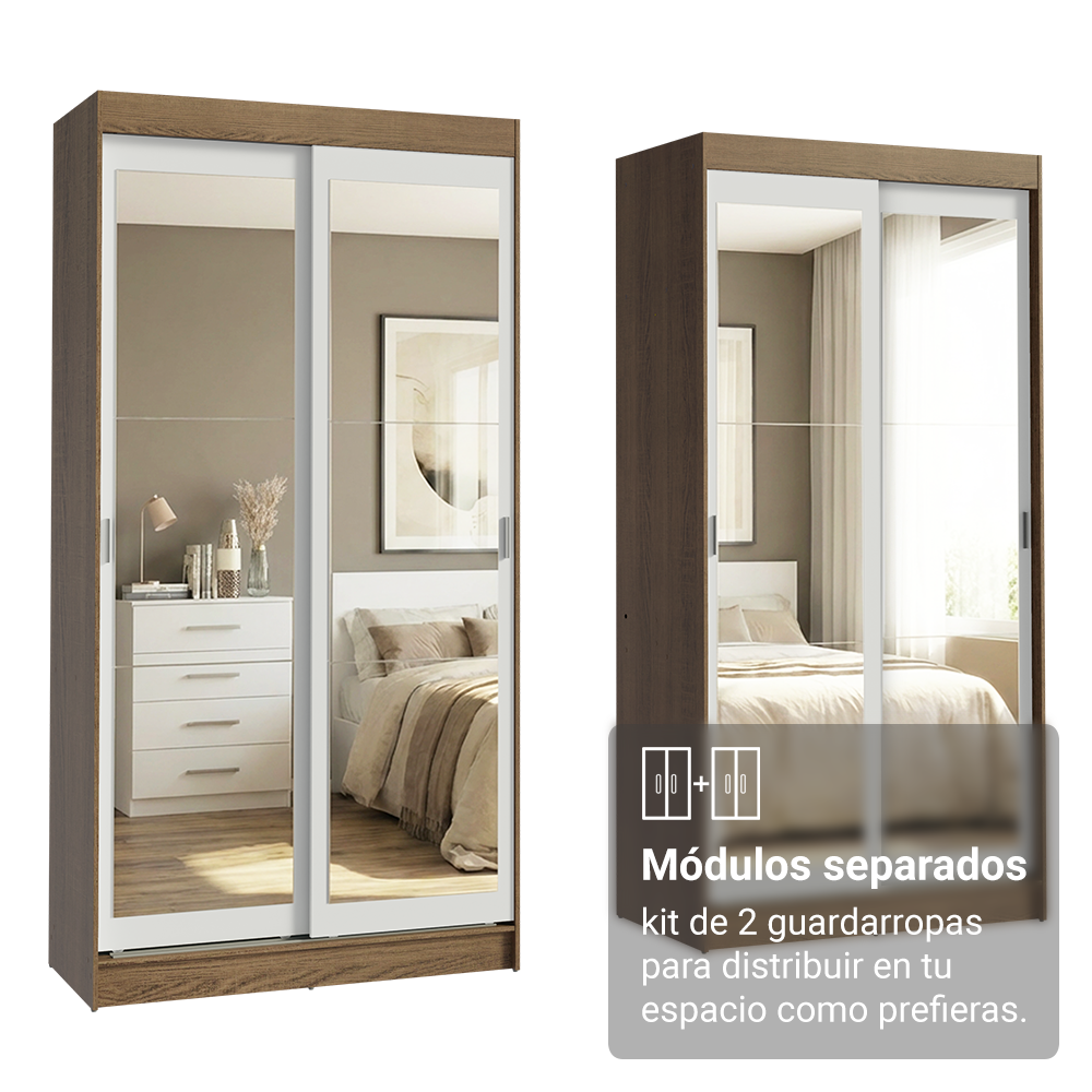 Conjunto 2 Placares 4 Puertas Corredizas con 4 Espejos Marrón/Blanco Tokio Madesa