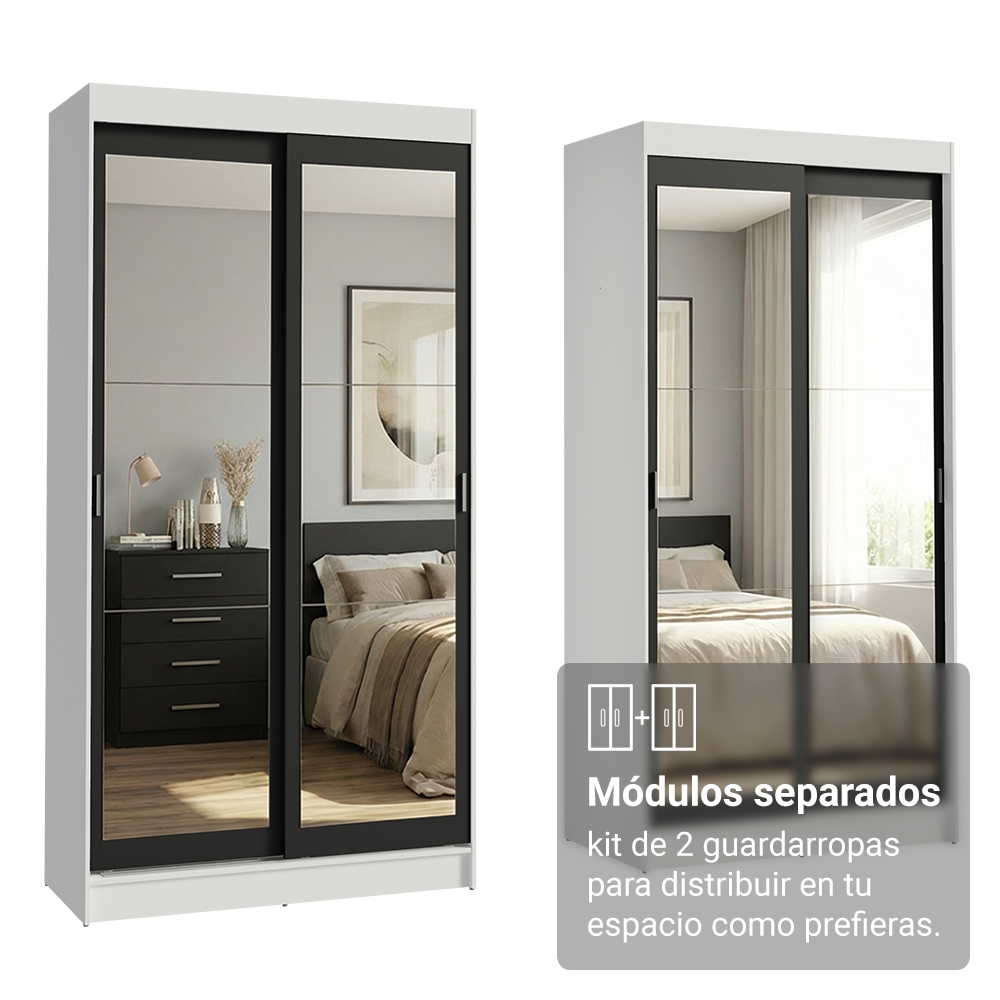 Conjunto 2 Placares 4 Puertas Corredizas con 4 Espejos Blanco/Negro Tokio Madesa