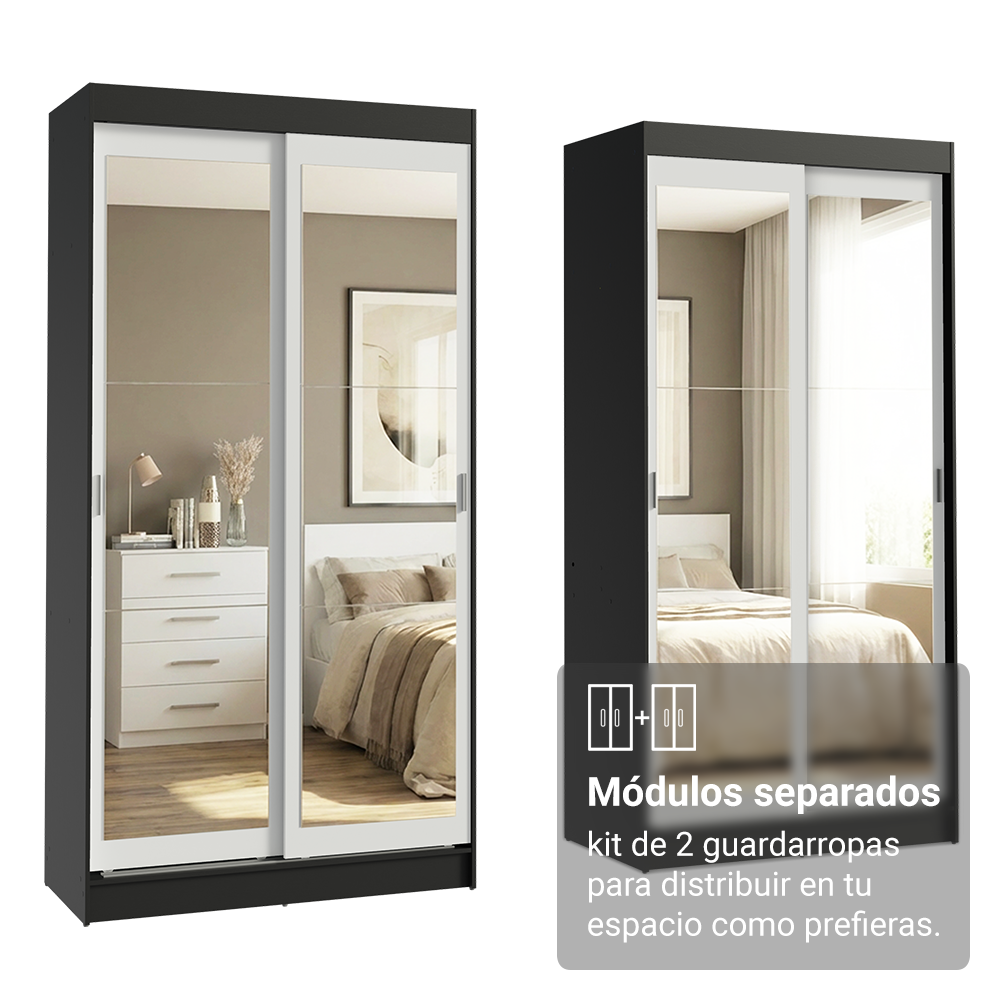 Conjunto 2 Placares 4 Puertas Corredizas con 4 Espejos Negro/Blanco Tokio Madesa