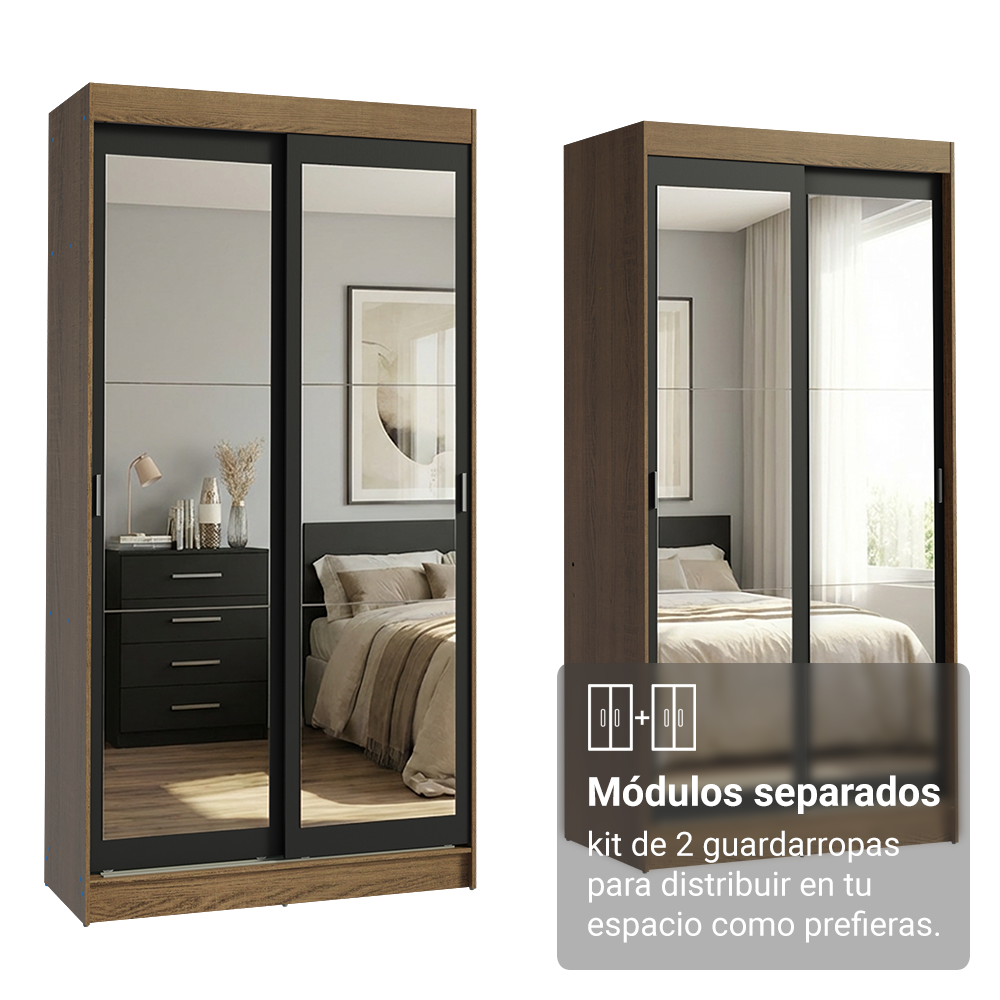 Conjunto 2 Placares 4 Puertas Corredizas con 4 Espejos Marrón/Negro Tokio Madesa