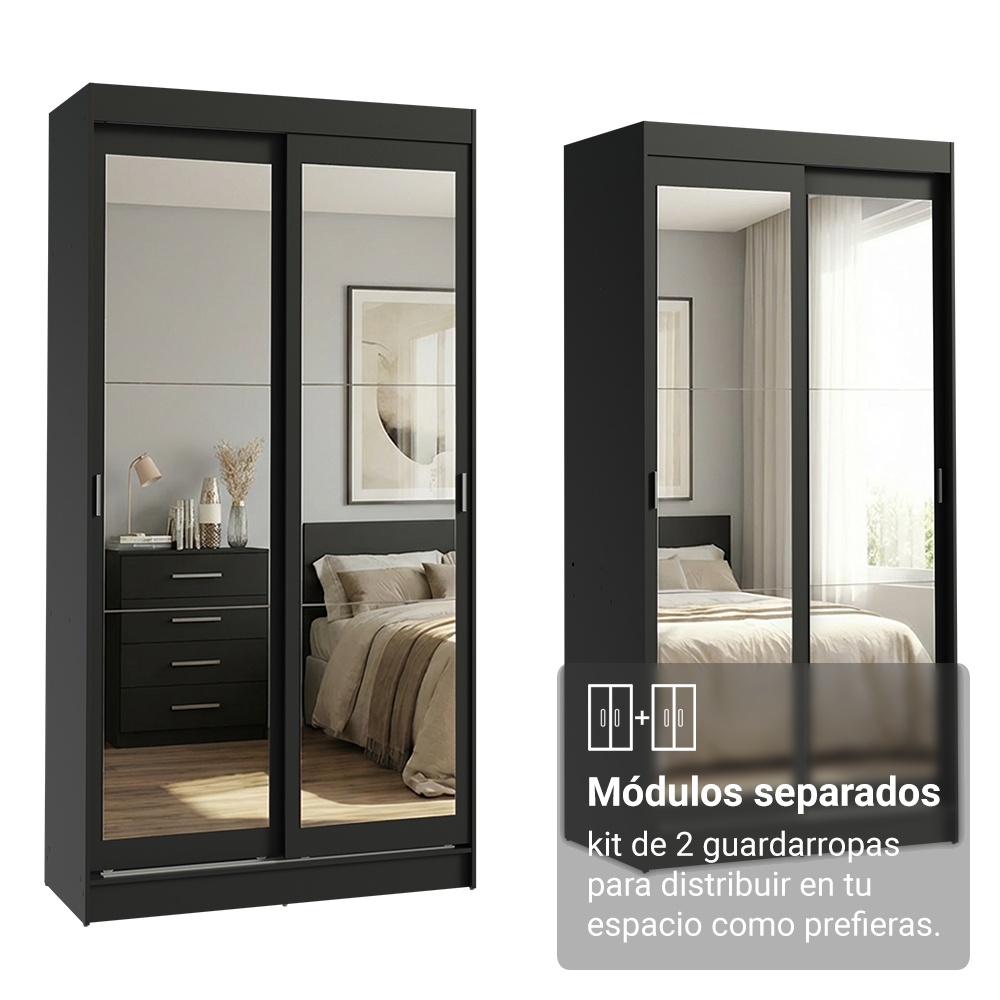 Conjunto 2 Placares 4 Puertas Corredizas con 4 Espejos Negro Tokio Madesa