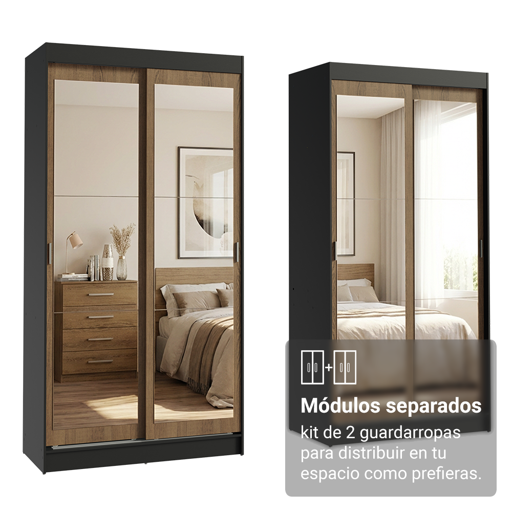 Conjunto 2 Placares 4 Puertas Corredizas con 4 Espejos Negro/Marrón Tokio Madesa