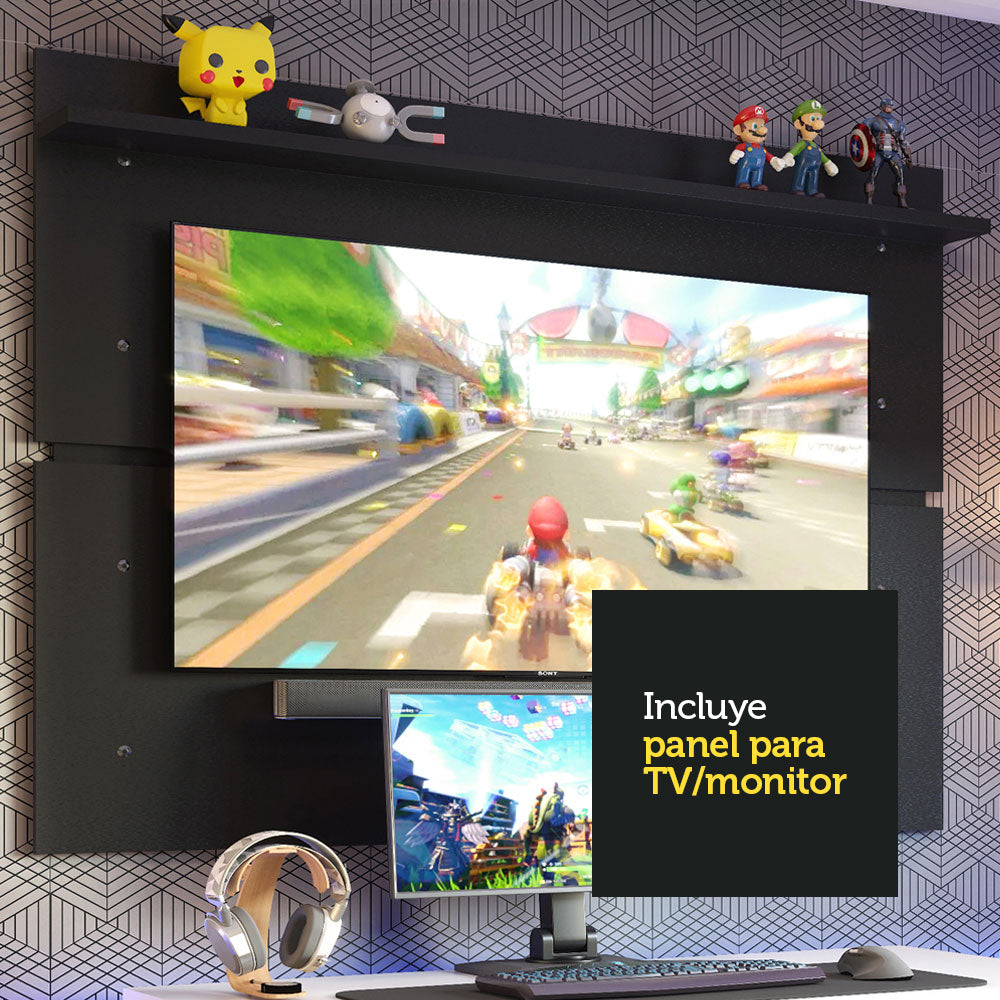 Escritorio Gamer Madesa 9409 con Panel para TV hasta 65 Pulgadas Blanco/Negro