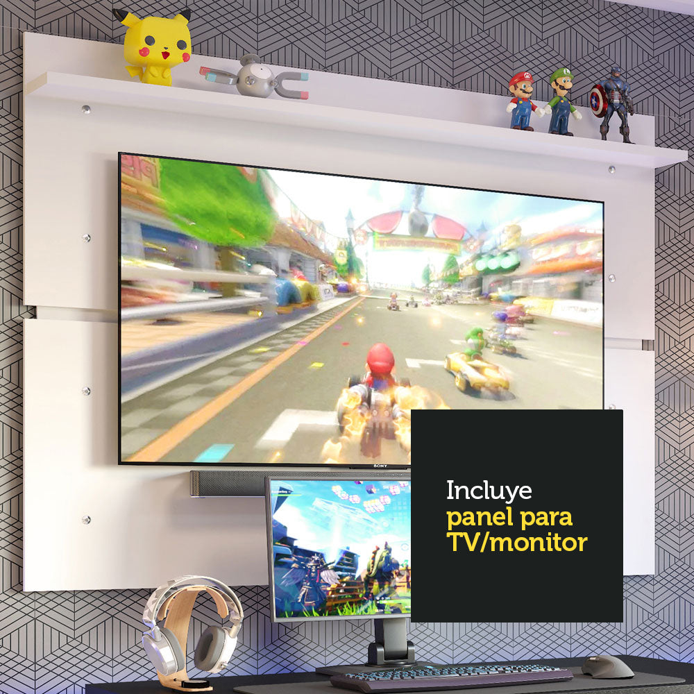 Escritorio Gamer Madesa 9409 con Panel para TV hasta 65 Pulgadas Negro/Blanco
