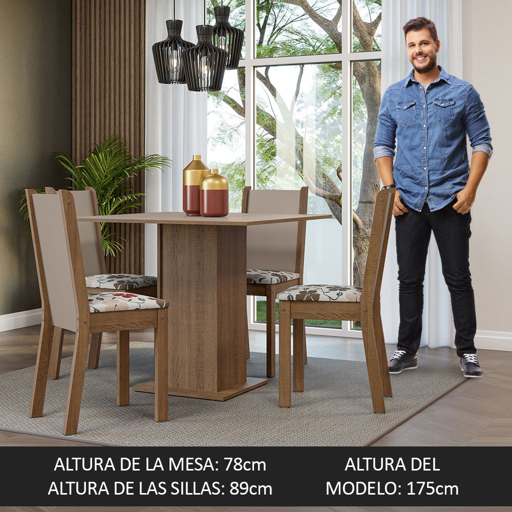 Juego de Comedor Mesa Tapa de Madera 4 Sillas Marrón/Crema/Hibiscos Alana Madesa