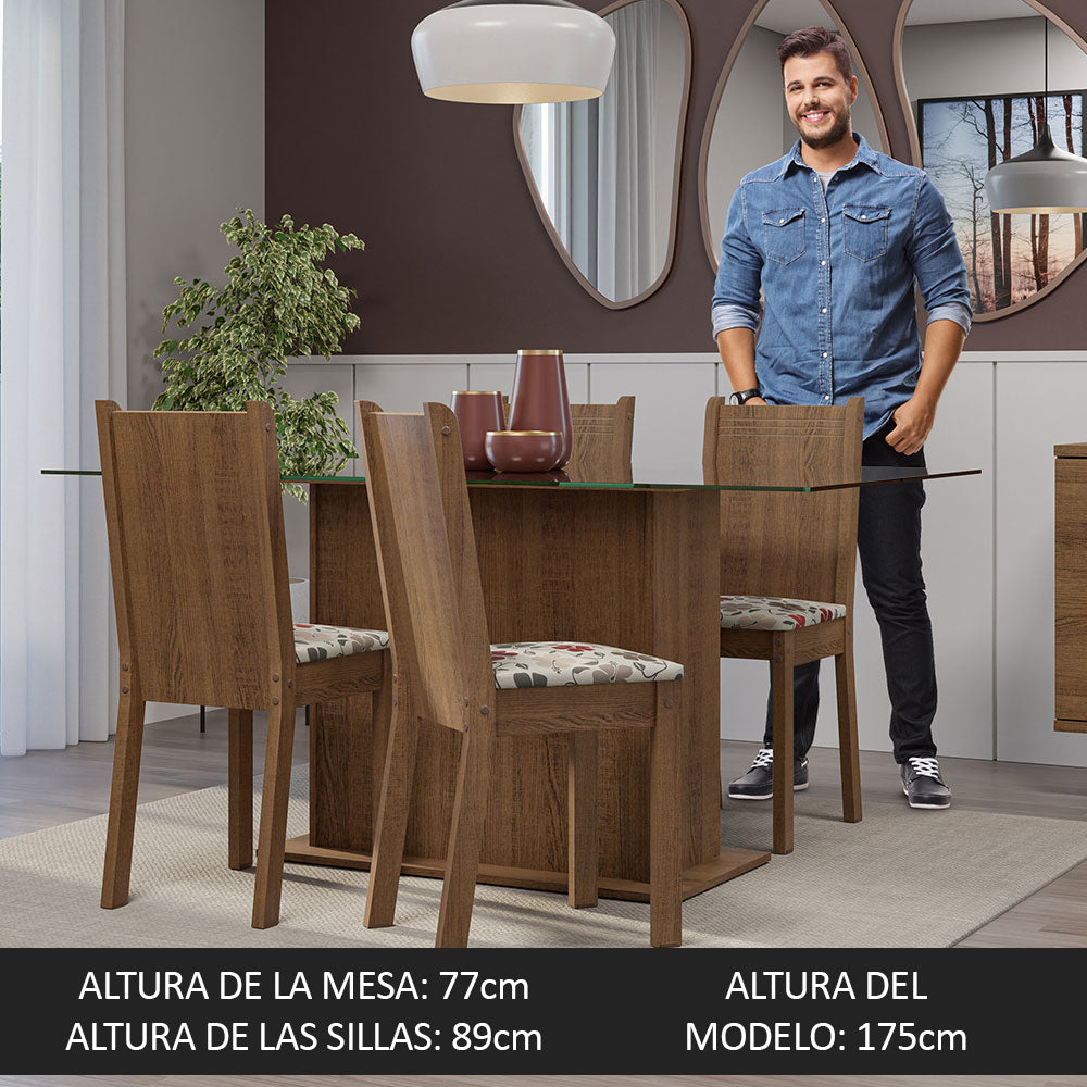 Juego de Comedor Mesa Tapa de Vidrio 4 Sillas Marrón/Floral Hibiscos España Madesa